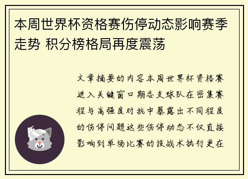 本周世界杯资格赛伤停动态影响赛季走势 积分榜格局再度震荡